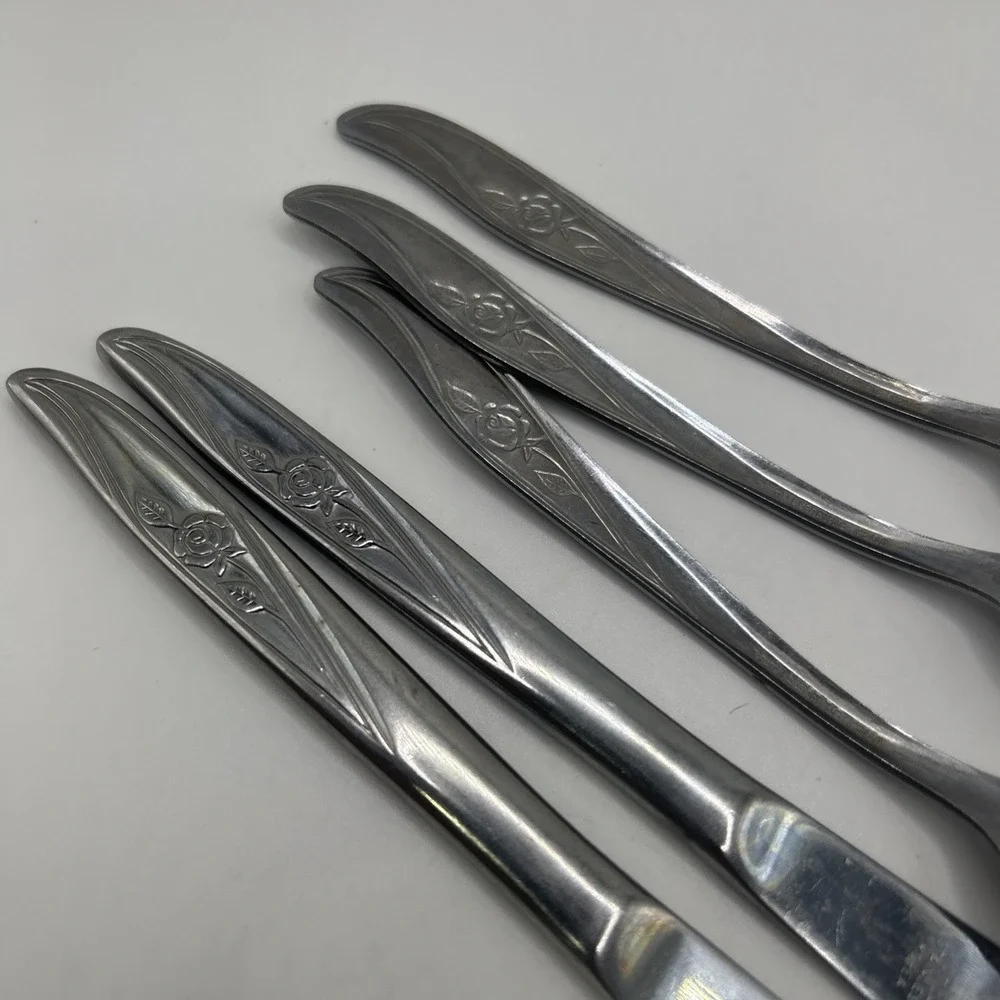 Utica ROSE Pattern Stainless Flatware USA 3 Forks 2 Knives Vtg silverware LOT